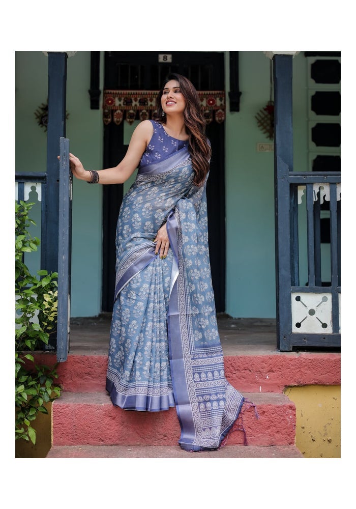 Malishka Export Floral Blue Linen Cotton Saree for Women - Image 3